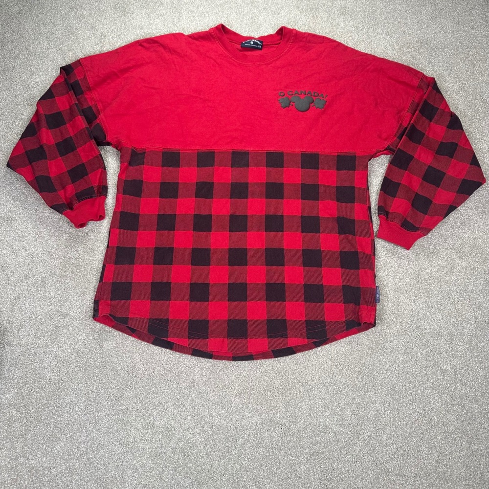 Spirit Jersey O Canada Mickey Mouse Buffalo Plaid Long Sleeve Shirt XS Red Black